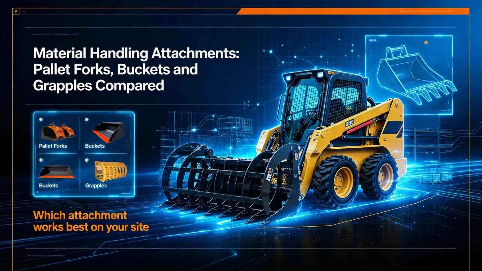 Material Handling Attachments: Pallet Forks, Buckets and Grapples Compared — construction equipment attachments